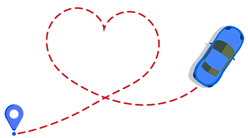 Love car route. Romantic travel, heart dashed line trace and routes. Hearted vehicle path, dotted love valentine day drawing isolated vector illustration
